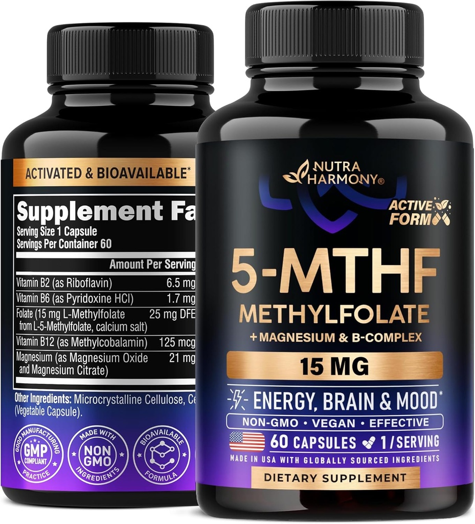 NUTRAHARMONY L Methylfolate 15 mg - 메틸 B12, 비타민 B2 & B6, 마그네슘 플러스 5-MTHF Methylfolate 보충교재 - 2 달 동안 미국, 60의 캡슐에서 만드는