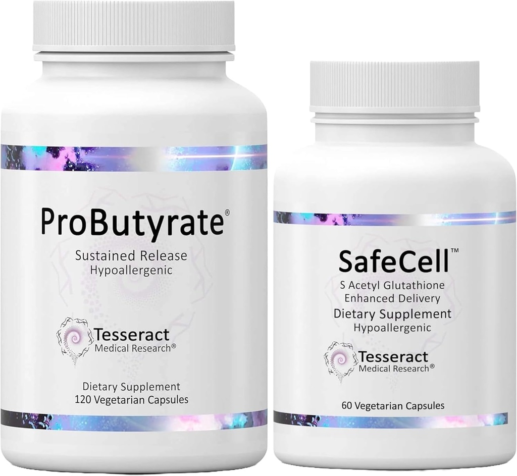 Tesseract ProButyrate Gut 건강 & SafeCell S-Acetyl 글루타티온 신경 지원 번들 – 600mg + 300mg, 120 + 60 캡슐, 산화 방지제 & Gut Microbiome 균형