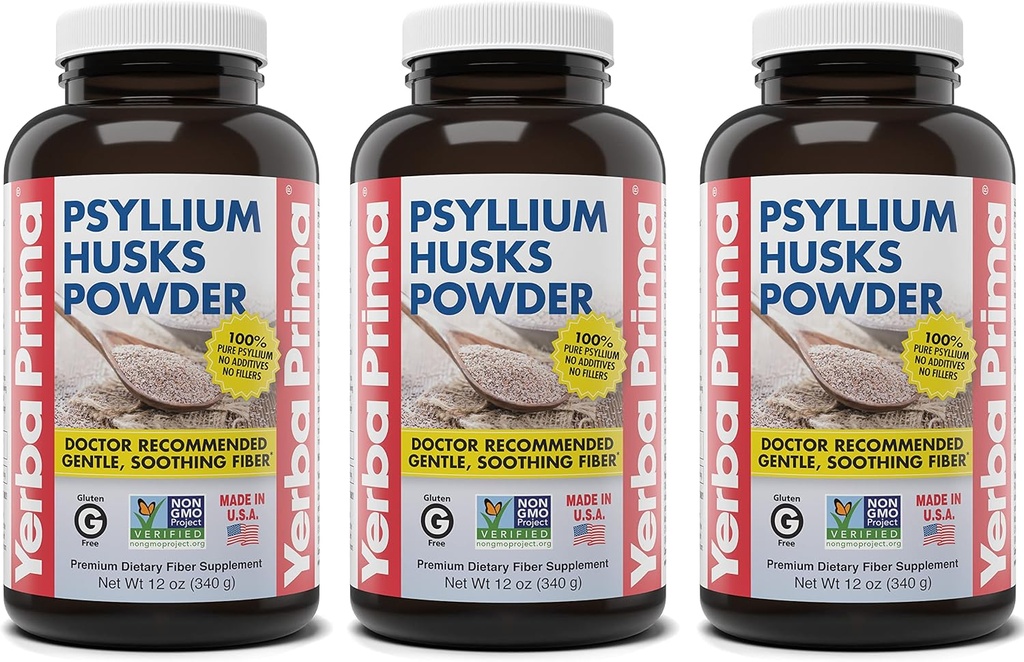 Yerba Prima Psyllium Husks Powder - 12 oz (포장 3) - 천연 섬유 보충 - Colon Cleansing - Vegan, Non-GMO, 글루텐 - 무료 (새로운 라벨 - 포장 월병)