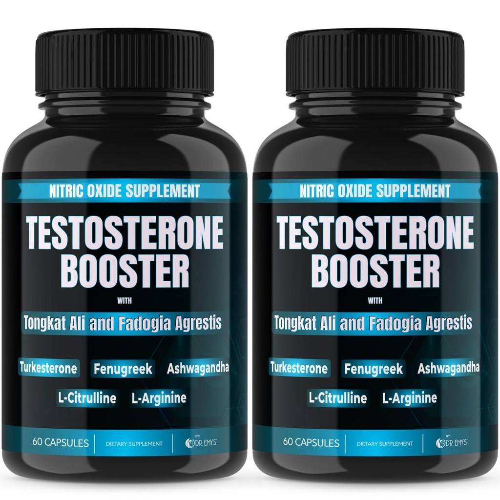 Emy의 (2 팩 테스토스테론 부스터-Tongkat Ali Fadogia Agrestis Nitric 산화물 Ashwagandha는 L Arginine Citrulline Fenugreek를 가진 남자를 위한 보충교재를 보충합니다 - Turkesterone 전 운동 펌프 (120의 캡슐)