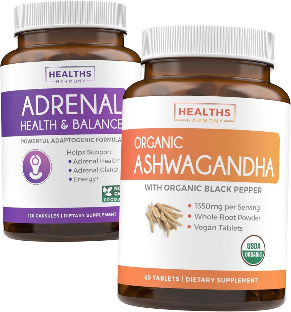 Adrenal & Ashwagandha (1 달 공급) Calm & Energize 번들 - L-Tyrosine (120의 캡슐) & USDA 유기 Ashwagandha 1350mg Ashwagandha 뿌리 분말을 가진 Adrenal 지원 Serve (60의 캡슐)