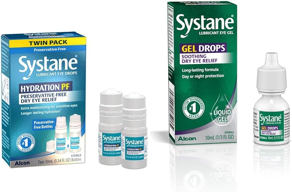 Systane Hydration 다 복용량 부식 자유로운 눈 하락 건조한 눈 기복 쌍둥이 팩 (2x10ml) & 윤활유 눈 젤 하락, 10-mL (5월 Vary 포장)