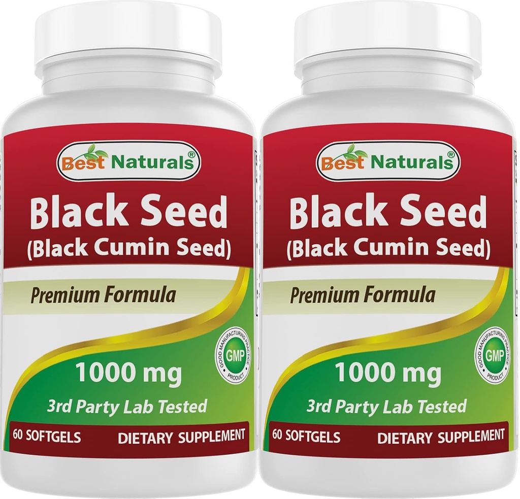 최고의 자연 2 팩 블랙 씨앗 오일 캡슐 1000 mg (Non-GMO) Nigella Sativa - 100 % 콜드 프레스 블랙 Cumin 씨 오일 알약 포함 Thymoquinonoe 60 카운트 (총 120 Softgels)
