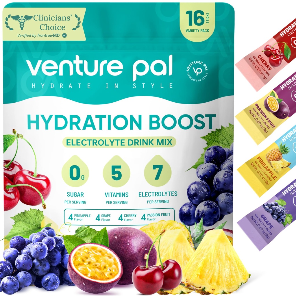 벤처 Pal Sugar Free Electrolyte Powder Packets - Rapid Hydration & Party Recovery 용 액체 일일 IV 음료 믹스 | 5 비타민 & 7 일 전동| Keto Friendly | Non-GMO | 인증 Vegan | 16 스틱