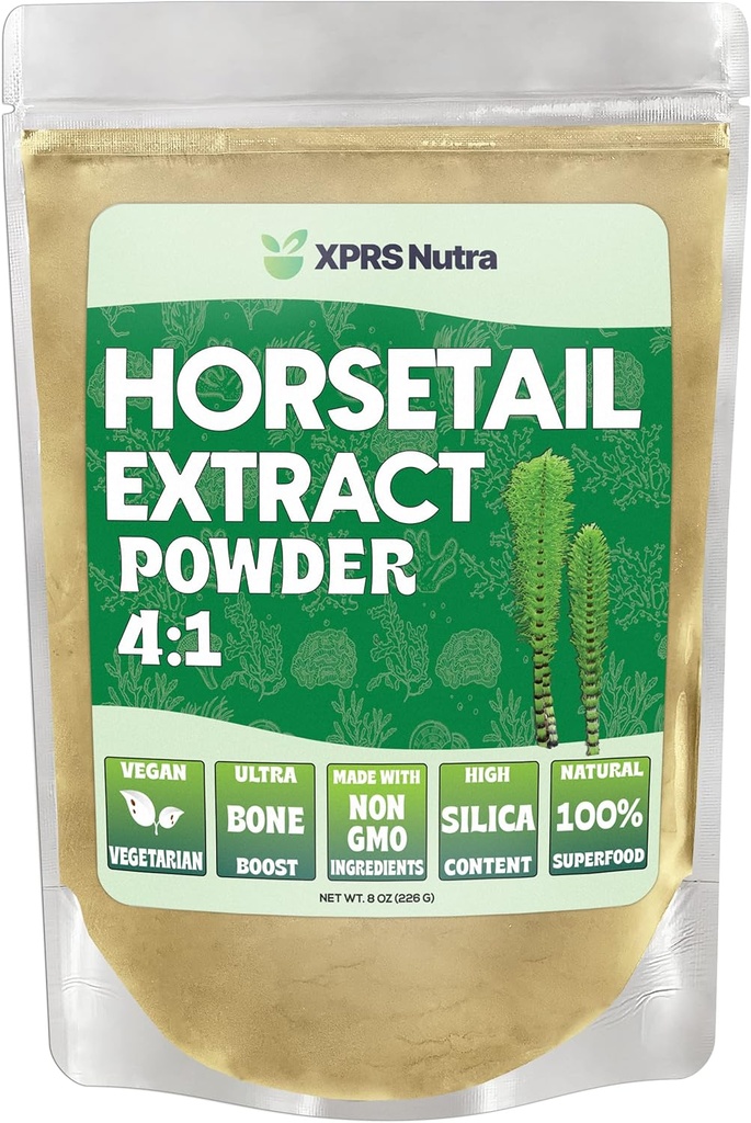 XPRS Nutra 말 꼬리 추출물 분말 머리, 손톱 및 뼈 - 높은 효능 말 꼬리 뿌리 분말 - 최대 결과를위한 높은 실리카 함량 - Vegan Friendly Horstail Extract (8 oz)