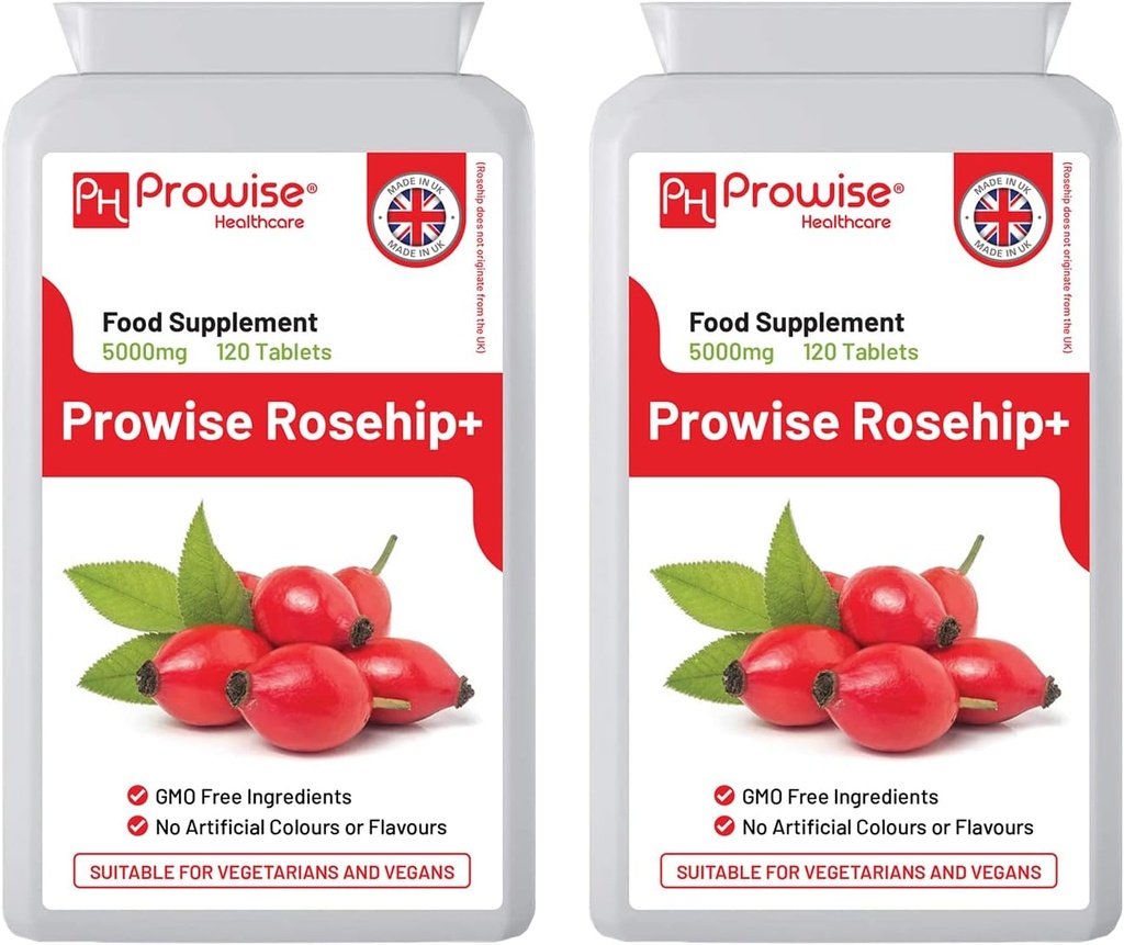 로즈힙 건강 + (팩 2) 5000mg 120 정제 - 영국 제조 GMP Guaranteed Quality - Prowise Healthcare의 채식주의 및 채식주의에 적합