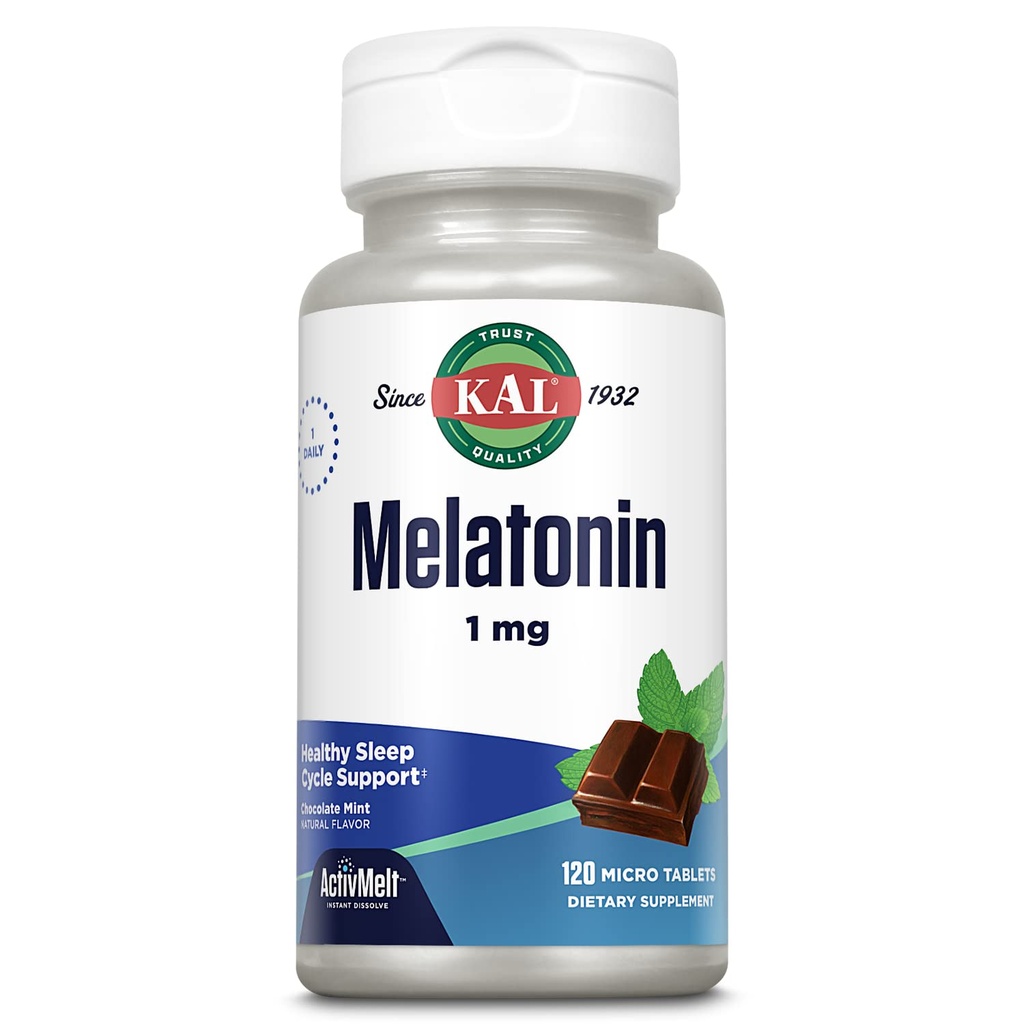 KAL Melatonin 1mg Sleep Aid, Melatonin 보충은 Calming Relaxation와 건강한 수면 주기, 빠른 용해 ActivMelts, 자연적인 초콜렛 민트 풍미, 채식주의자, 120의 봉사, 120의 마이크로 탭을 지원합니다