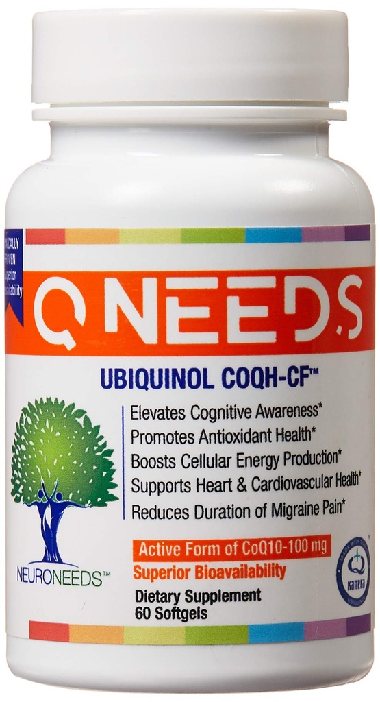 QNeeds® coqh-cf Ubiquinol 100 mg COQ10 최대 흡수, 강화 된 Mitochondrial 지원, 심장 건강, 60 카운트 Softgels에 대한 산화 방지제