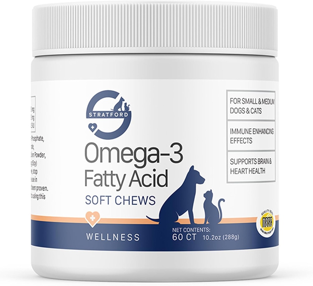 Stratford Pharmaceuticals EZ Chew Omega 3 Fatty Acid Soft Chew Max Strength - 개 오메가 3 보충 - 개를위한 생선 기름과 부드러운 Chew 치료 - 작고 중간 개 - 60 소프트 Chews