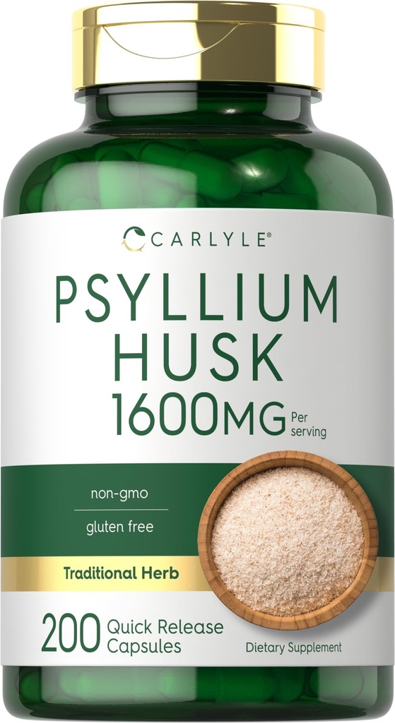 Carlyle Psyllium Husk 캡슐 1600mg | 200 개 | 높은 효능 섬유 보충 | Non-GMO, 글루텐 무료