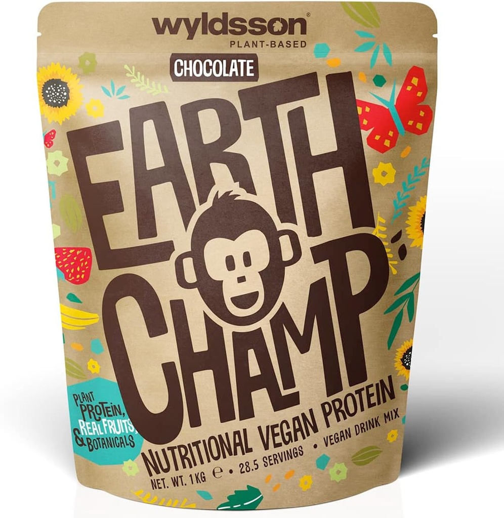 Vegan Protein Powder (1kg) - 28 서빙 - Wyldsson의 EarthChamp - 공장 기반 초콜릿 단백질 분말 Shake - Dairy Free - Lactose Free (Choc)