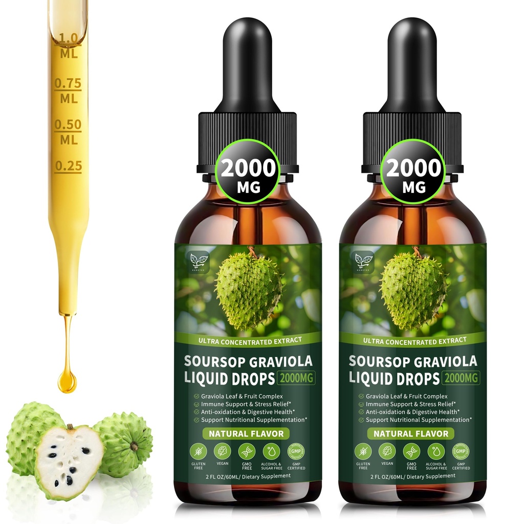 (2개의 팩) Soursop Graviola 액체 하락 2000mg의 세포 지원 & 재생, 면역 부스트, 간결, 초본 Goodness, Soursop Bitters 액체Sugar/Gluten를 위한 98% 흡수는, 자연적인 풍미, 4 Fl Oz 해방합니다