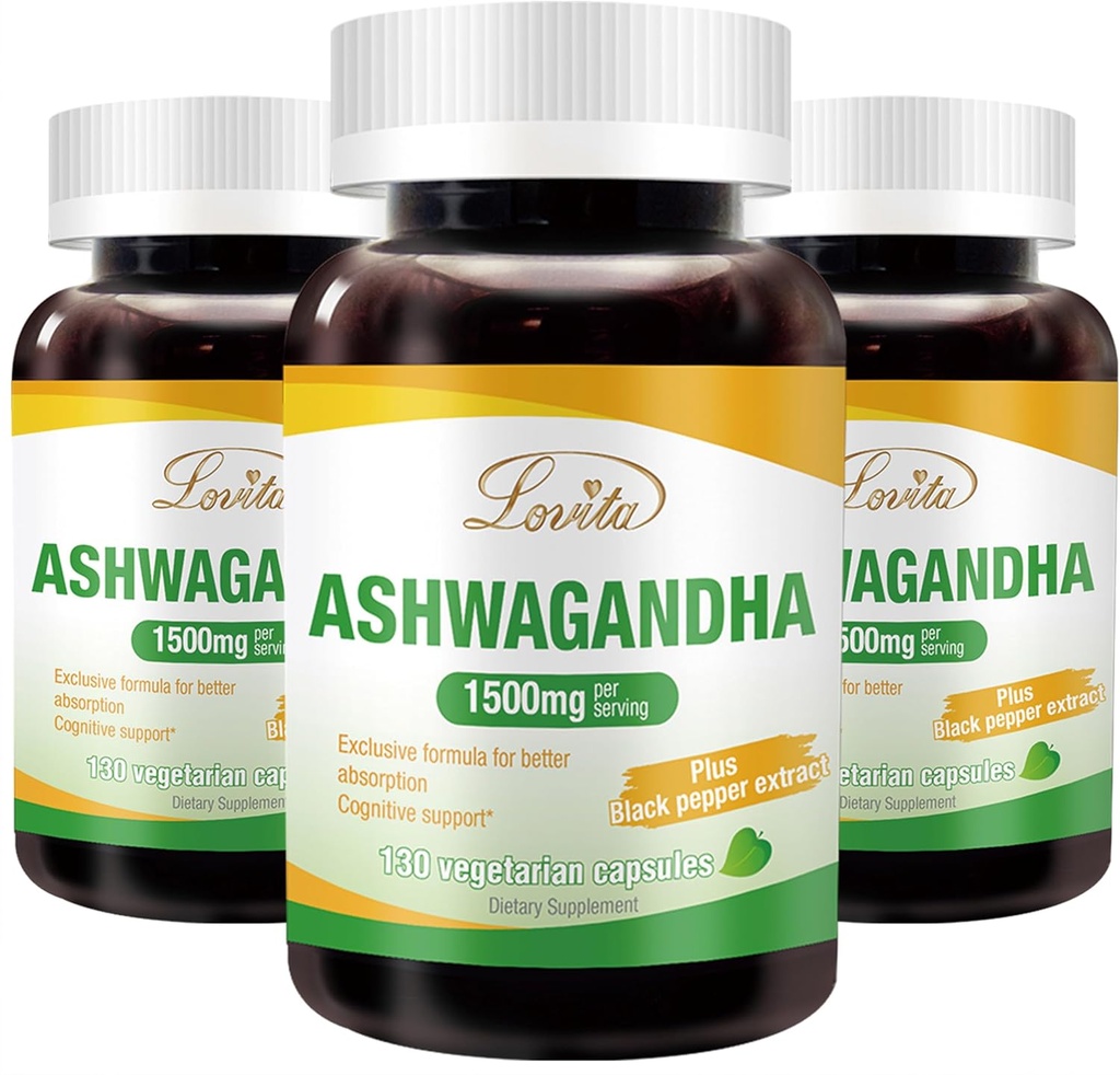 Lovita KSM-66 Ashwagandha | 고농도 | 5% Withanolide | 95% Black Pepper Piperine | 스트레스 릴리프 및 에너지 지원 | Vegan, Gluten Free | 130 캡슐(3)