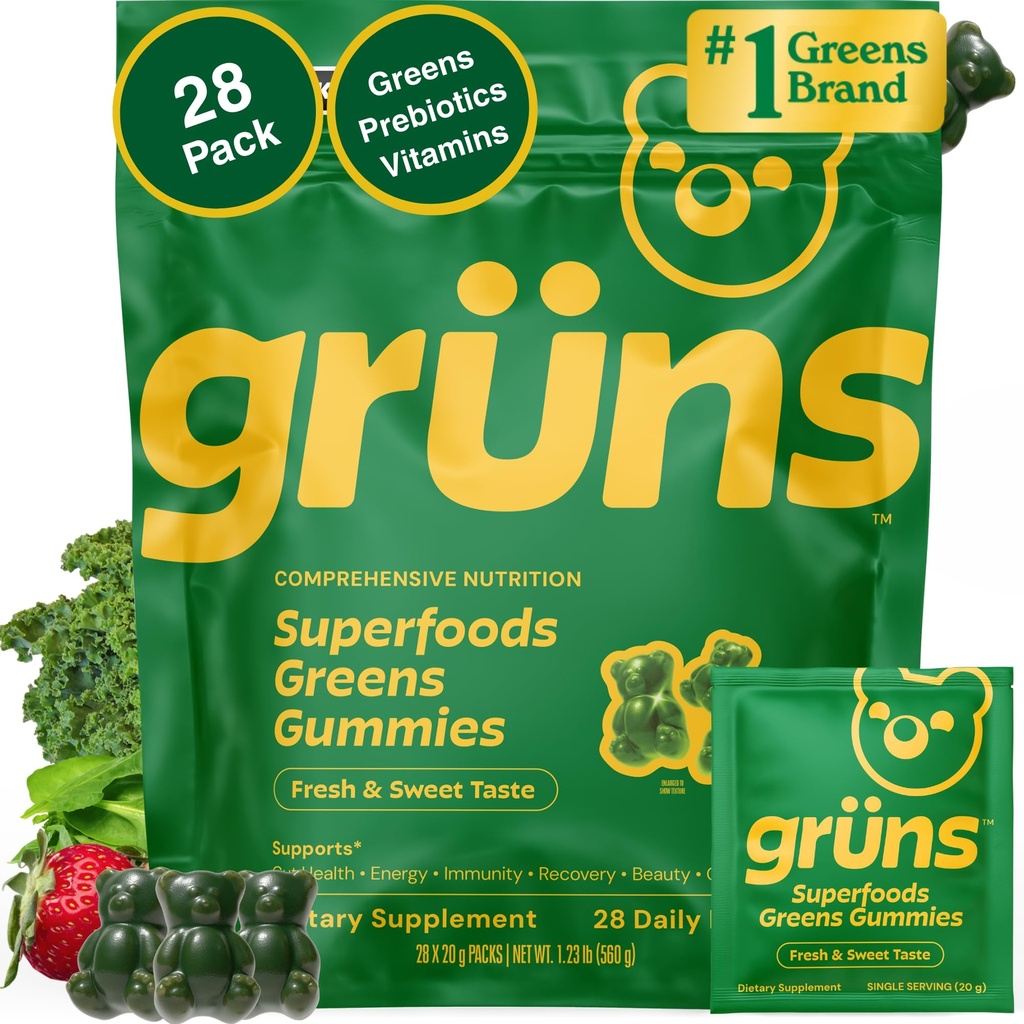 Gruns 성인 최고 녹색 Multivitamin Gummies, Spirulina, Chlorella, Adaptogens & Prebiotic 섬유를 가진 여자와 남자를 위한 Superfood Gummy 비타민 Digestive 건강 (28 조사)