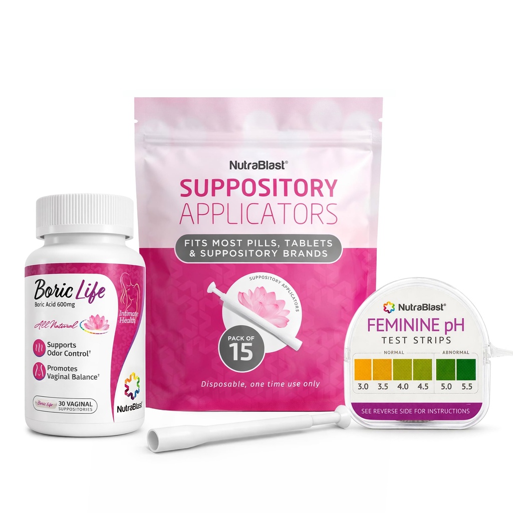 NutraBlast Boric 산 질 좌약 600mg (30 조사) w/Disposable 질 좌약 applicators (15 팩)와 Feminine PH 시험 지구 3.0-5.5 (100 시험 목록)
