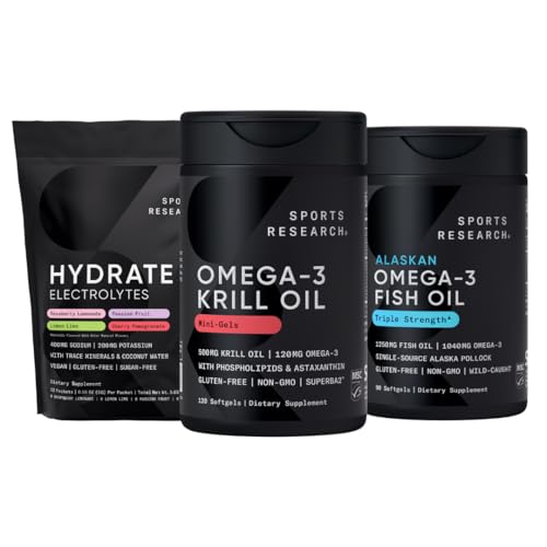 스포츠 연구 남극 Krill 오일 오메가 3 Mini-Softgels 500mg Phospholipids, Choline, Astaxanthin, Triple Strength Omega 3 Burpless Fish Oil 1250mg, Sugar Free Multi flavor Hydrate Electrolytes