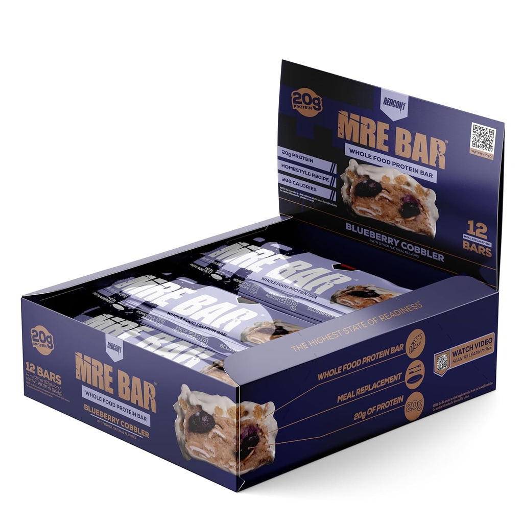REDCON1 MRE Protein Bar, Blueberry Cobbler - 전체 식품 단백질의 MCT 오일 + 20g을 함유 - 쉽게 소화 가능, Macro Balanced Low Sugar Meal Replacement Bar (12 Bar)
