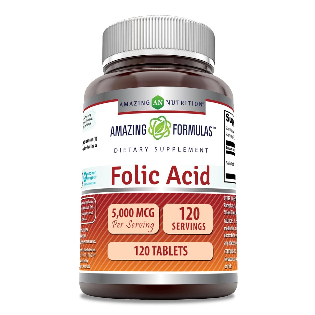 Amazing Formulas Folic Acid (비타민 B9) 보충 | 서빙 당 5000 Mcg | 120 정제 | Non-GMO | 글루텐 프리 | 미국에서 제작