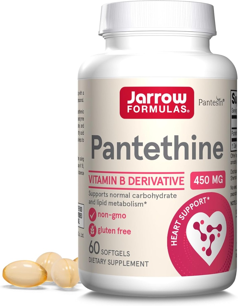 Jarrow Formulas Pantethine 450 mg - 비타민 B5-60 서빙 (Softgels)의 파생 - 지원 심장 건강, 탄수화물 및 lipid 대사 - Coenzyme A (CoA) Precursor - Pantothenic 산 보충교재