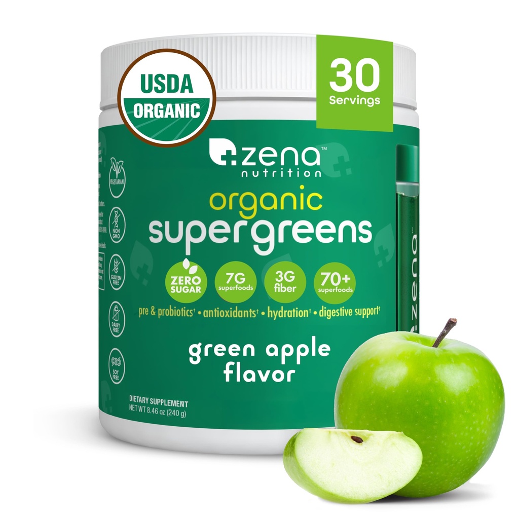 Zena 영양 유기 슈퍼 그린 분말, 70 + Superfoods, 0 설탕, 3G 섬유, Spirulina, Chlorella, 버섯, Prebiotics/Probiotics, Gut 건강, 녹색 애플, 30 서빙을위한 소화 효소