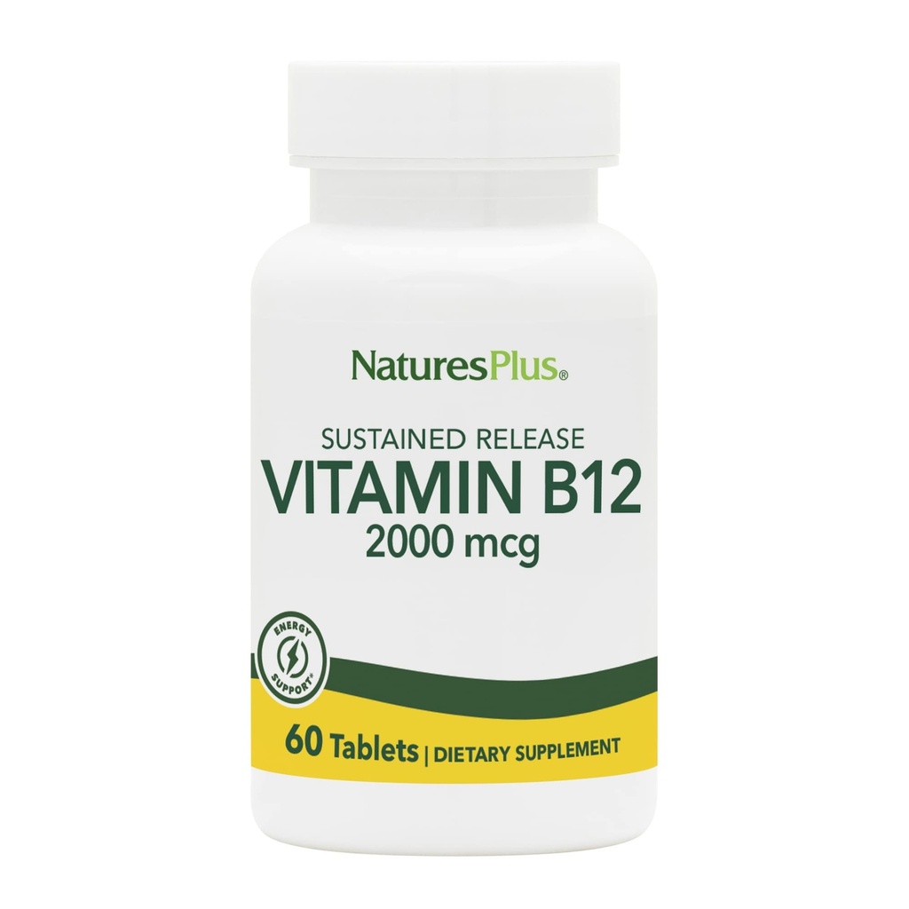 자연 플러스 비타민 B12 (Methylcobalamin), 지속 방출 - 2000 mcg, 60 채식 정제 - 높은 효능 빨간 혈액 세포 지원 - 천연 에너지 부스터 - 글루텐 - 무료 60 서빙