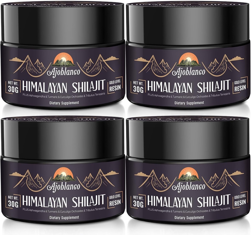 Ajoblanco 600mg 자연적인 Himalayan 유기 Shilajit 수지 - 에너지, 힘 & 면제를 위한 높은 잠재력에 있는 유기 Ayurvedic 혼합을 가진 Himalayan 금 Shilajit 수지, 4의 팩