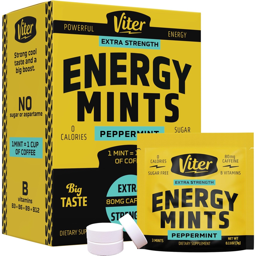 Viter 에너지 Caffeine Mints 80mg 여분 힘 - B 비타민과 Caffeinated 90 조각. Sugar Free Vegan Breath Mint. 빠른 Alertness (Peppermint 맛, 30 팩)에 Nootropic Focus Booster를 Energize
