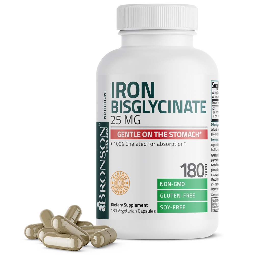 Bronson 철 Bisglycinate 25 mg Stomach, 지원 에너지 & 건강한 빨간 혈액 세포 생산 - 비 규정식 공식 - 비 GMO, 180 채식 캡슐