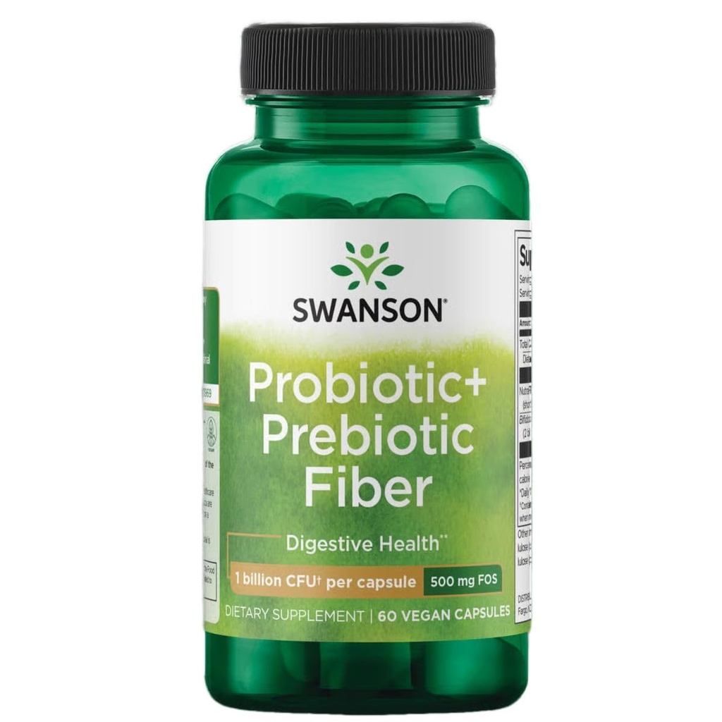 Swanson Prebiotic + Probiotic Fiber - 소화 시스템 및 면역 건강 지원 촉진 - 보조 일반 및 GI Tract Health - (60 캡슐, 500 백만 CFU)