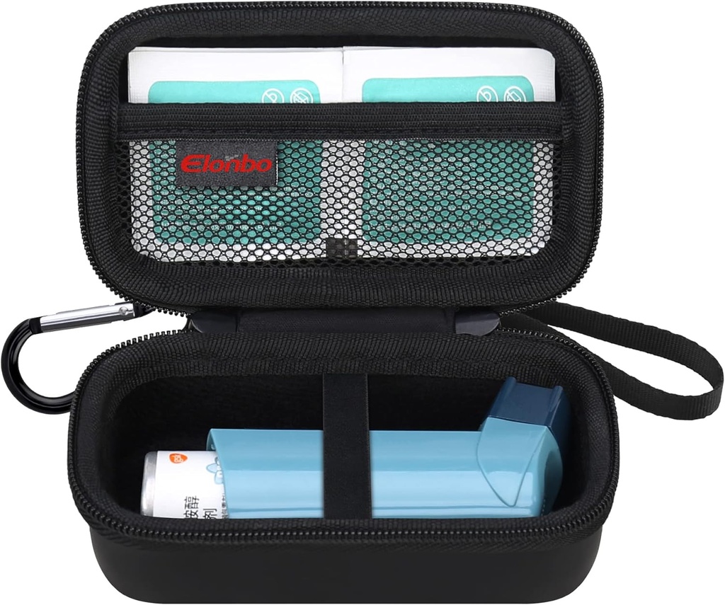 Elonbo Asthma Inhaler Carrying Case, Ventolin Inhaler, Extra Interior Mesh Pocket Fits Asthma Mediction, Black+Inside Black (CASE ONLY!)에 대한 여행사 홀더 가방 Inhaler 약 포함되지 않음)