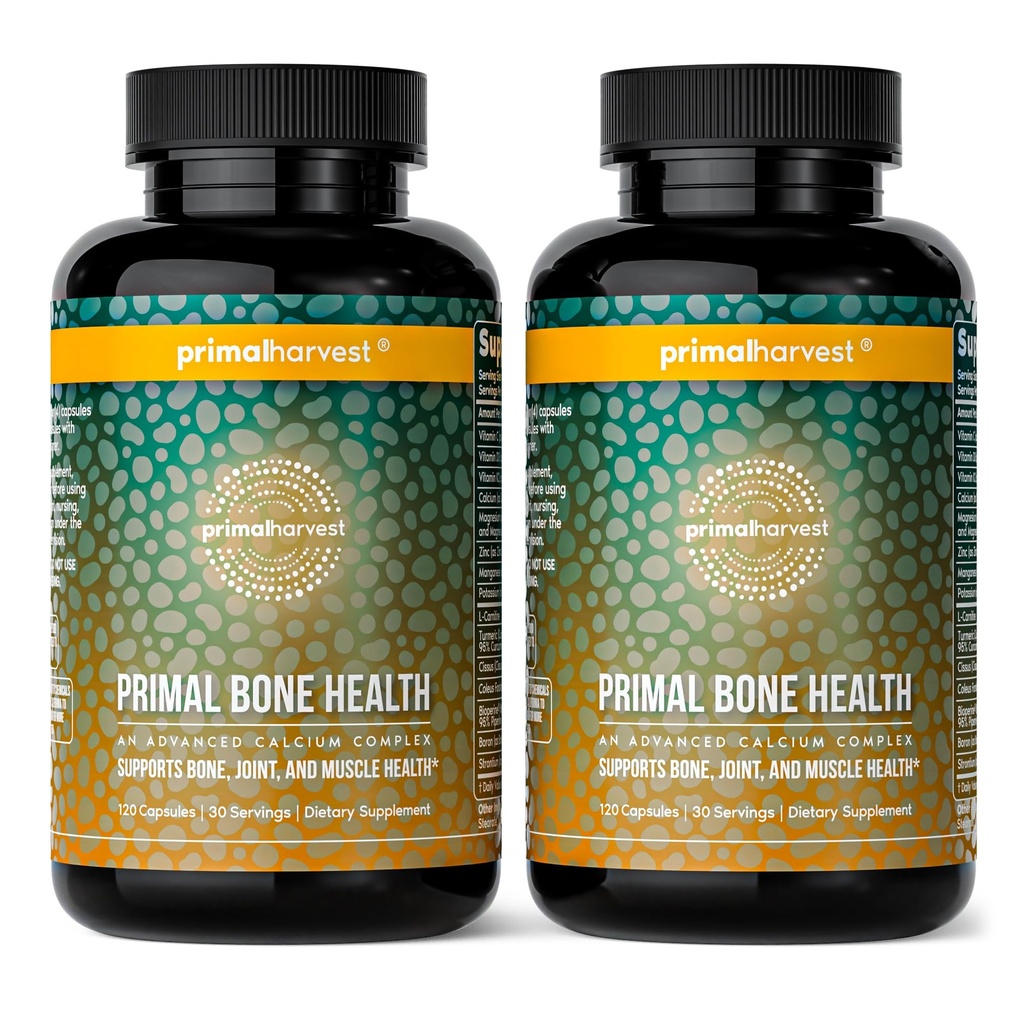 Primal Harvest 2 팩, Primal Bone 건강 칼슘 탄산염 뼈 건강 복합 칼슘, 마그네슘, 아연, 망간, 칼륨, & L 카르니틴 (240 캡슐)