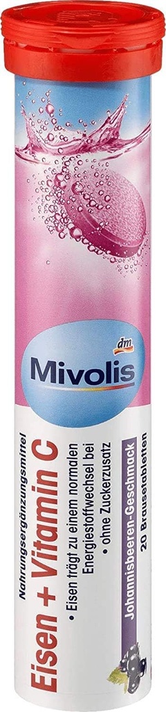 Mivolis Iron + Vitamin C effervescent Tablets - 식이 보충제 1 팩 x 20 개 | 독일