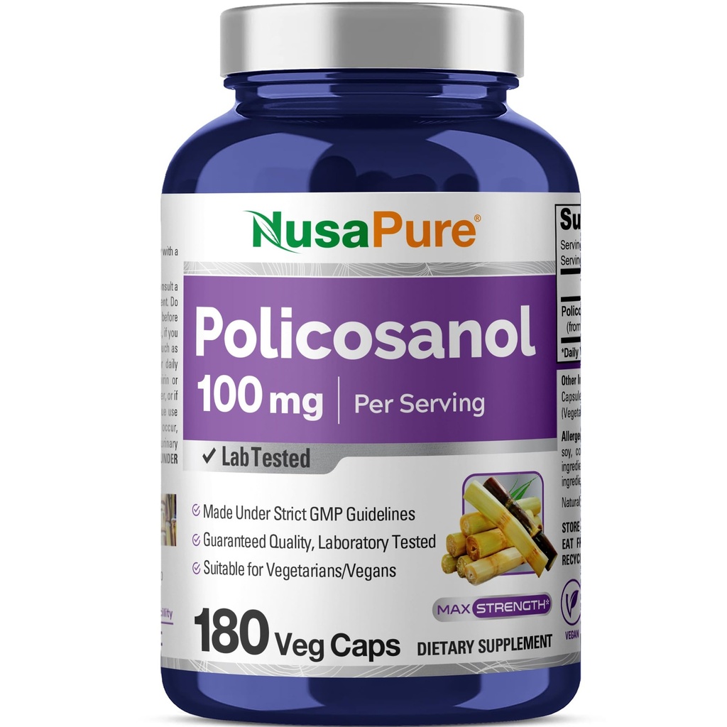 NusaPure Policosanol 100mg 180 Veggie 캡슐 (비건, 비 GMO)