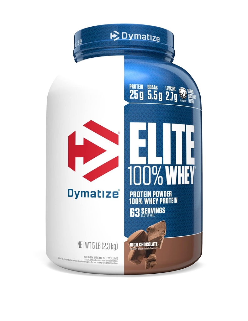 엘리트 100 % Whey Protein Powder, 25g Protein, 5.5g BCAAs & 2.7 L-Leucine, 최적의 근육 회복, 리치 초콜릿, 5 파운드 (63 서빙)에 대한 빠른 흡수 및 빠른 소화
