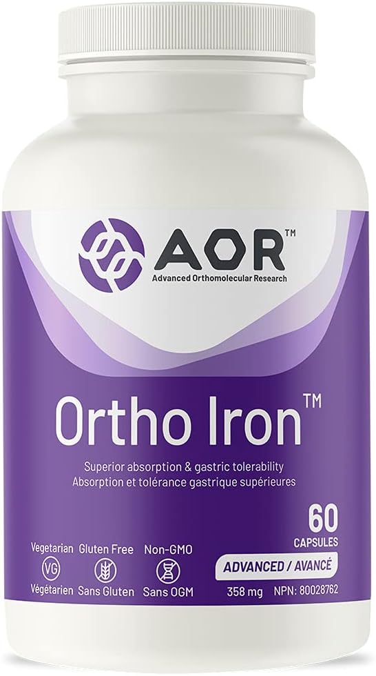 AOR, Ortho Iron, Iron Absorption & Gastric tolerability, 건강한 붉은 혈액 세포 형성, 식이 보충, 채식, 60 서빙 (60 캡슐).