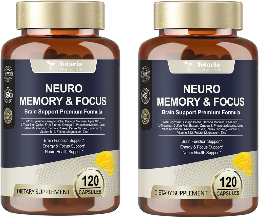 Totaria C-ognitive with Caffeine Pills, L-Tyrosine, Alpha GPC, Ginkgo Biloba, Bacopa Monnieri Brain Supplement for Memory and Focus, Brain Nootropic Support - Non-GMO, Gluten Free (120 개)