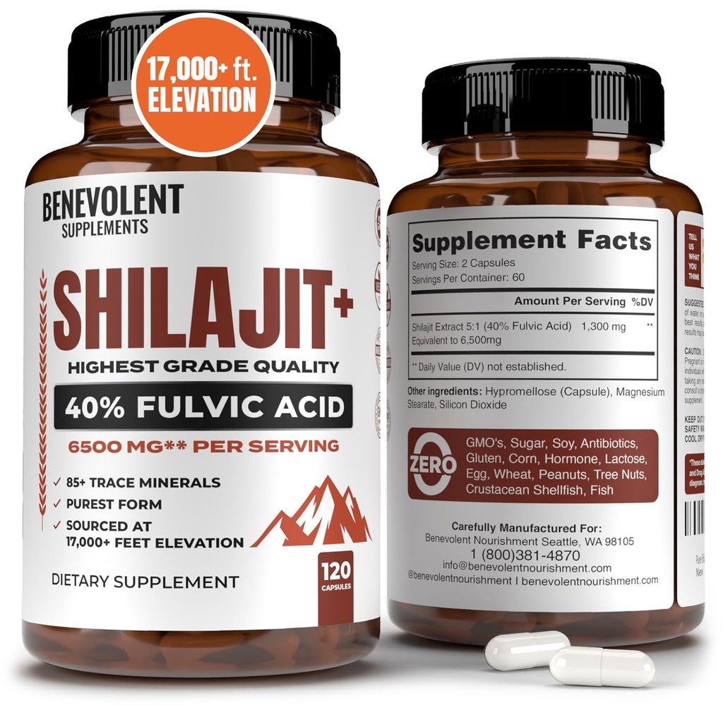 6,500mg Shilajit는 40 % Fulvic 산 (고 흡수)로 보충합니다 | 에너지, 성능 및 면역 건강을위한 85 + Trace 미네랄이 함유 된 Shilajit 미네랄 보충 - 120 캡슐