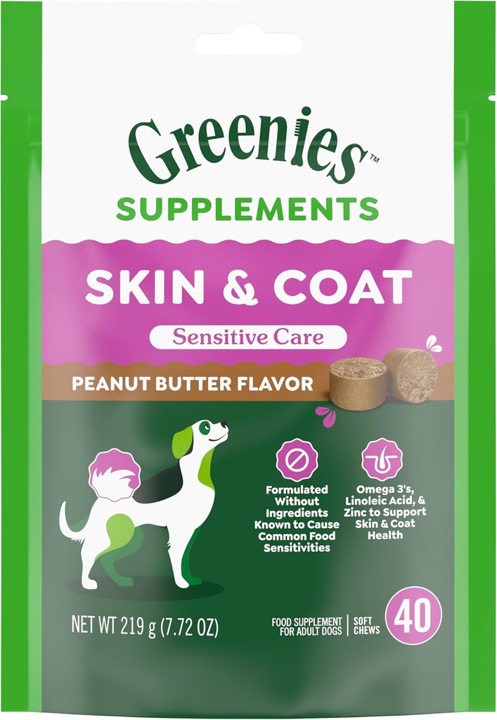 Dogs Chicken-Free Formula Dog Supplement, Peanut Butter 풍미, 40-Count Soft Chews를 위한 물고기 기름을 가진 개를 위한 녹색 과민한 배려 피부 및 외투 보충교재