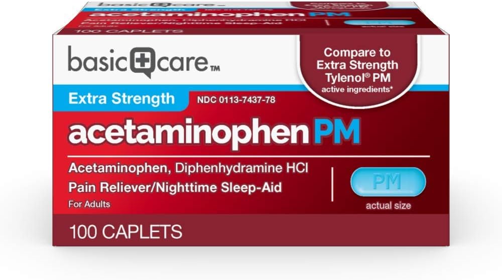 기본적인 배려 Acetaminophen PM, 고통 Reliever 플러스 야간 수면 보조 모자, 100 조사
