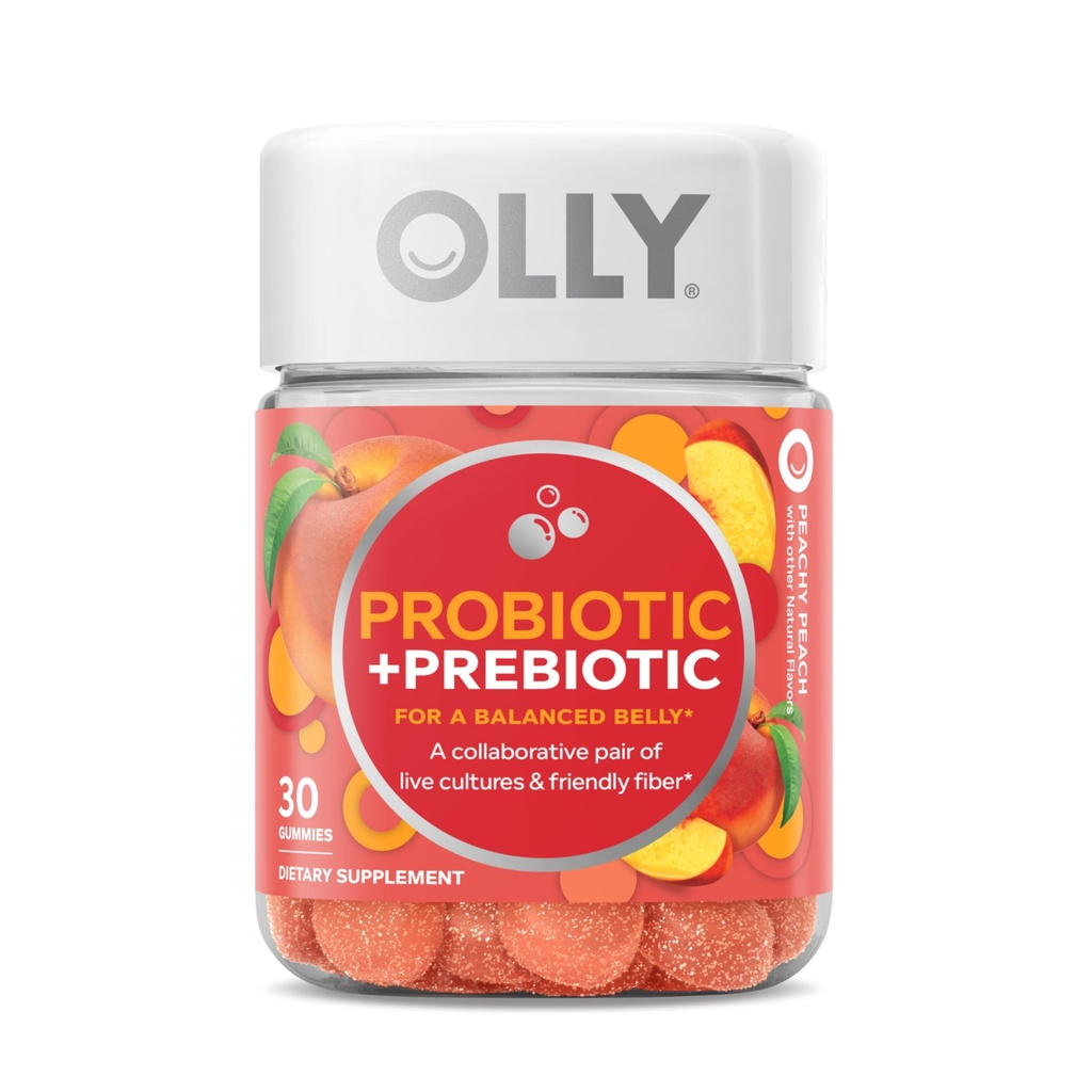 OLLY Probiotic + Prebiotic Gummy, 500 백만 CFUs, FOS, 남성과 여성을위한 성인 Chewable 보충, 복숭아 맛, 30 일 공급 - 30 개
