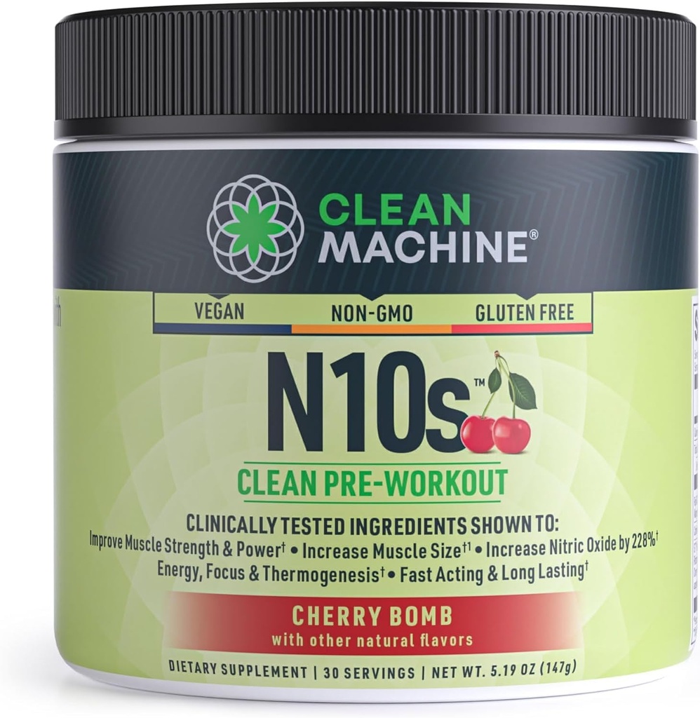 CLEAN MACHINE N10s Plant-Based Pre Workout Powder - 근육 크기, 강도, 펌프 및 내구력을위한 3 개의 임상 시험 된 특허 성분 - Non-GMO, 30 서빙