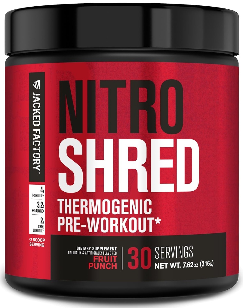 Jacked Factory NITROSURGE Shred Pre 운동 보충교재 - 에너지 부스터, 즉시 힘 이익, 샤프 초점, 강력한 펌프 - Nitric 산화물 부스터 & PreWorkout 분말 - 30Sv, 과일 펀치