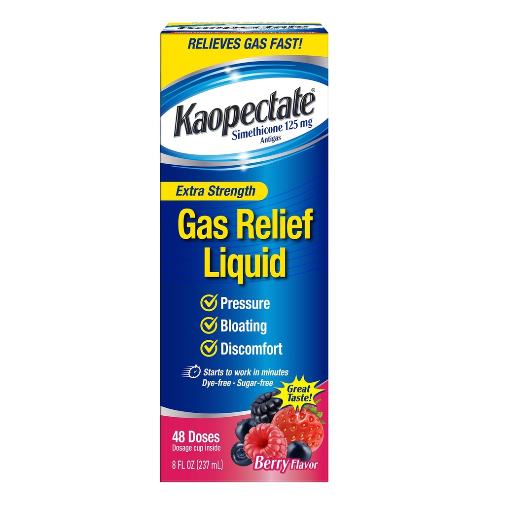 Kaopectate 여분 힘 가스 기복 액체, 혼합 베리 풍미, 가스, 붕대 및 압력, Simethicone 125 mg, 8개 oz를 구호하십시오