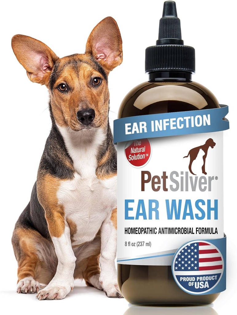 애완 동물 은 개 귀 클리너 솔루션 – 킬레이트 실버가있는 개와 고양이를위한 Gentle Ear Wash – Otic Rinse Formula Targets Wax Buildup, Smelly Odor 및 Itchy 또는 Irritated Areas - 미국에서 제조 - 8 fl oz