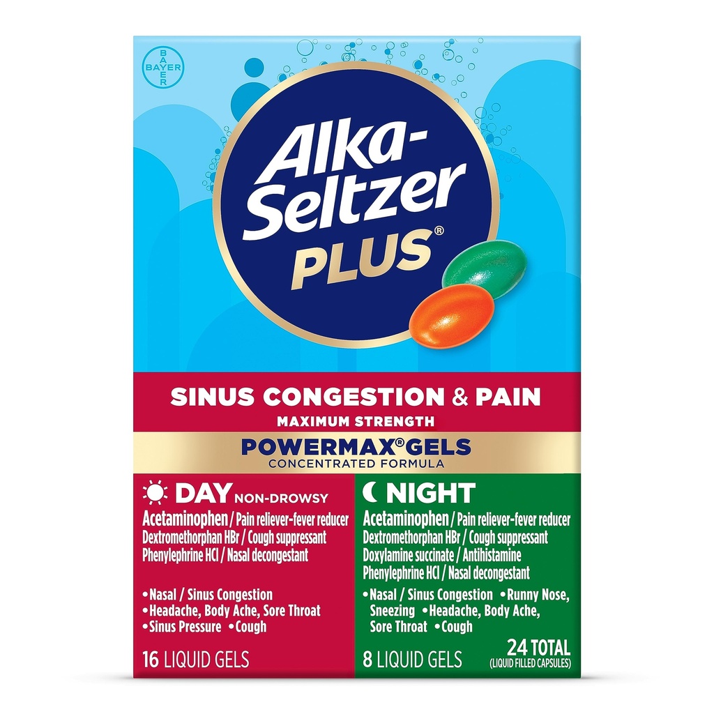 Alka-Seltzer Plus 최대 강도 PowerMax Sinus Congestion & Pain Medicine, Day + Night Liquid Gels - 냉방 및 불을위한 강력한 구호, 성인 및 어린이 12 +를위한 Sinus Congestion 년, 24 조사