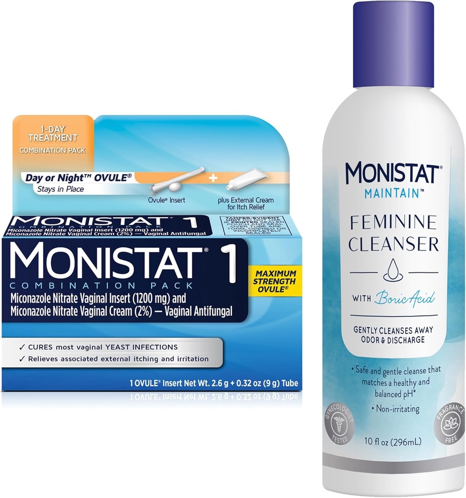 여성을 위한 Monistat 1 일 효모 감염 처리, 1 Miconazole Ovule 삽입 & 외부 Monistat 반대로 Itch 크림 뭉치 + 10 fl oz 붕산 Feminine Cleanser