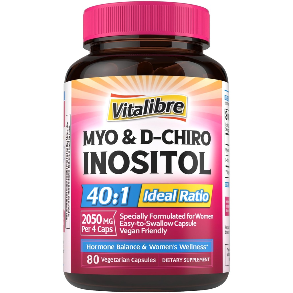 Inositol 보충교재, Myo-Inositol & D-Chiro Inositol 여성을 위한 불연성 보충교재, 40:1 이상 비율, 호르몬 균형 및 Ovarian 지원, 80 Vegan 캡슐