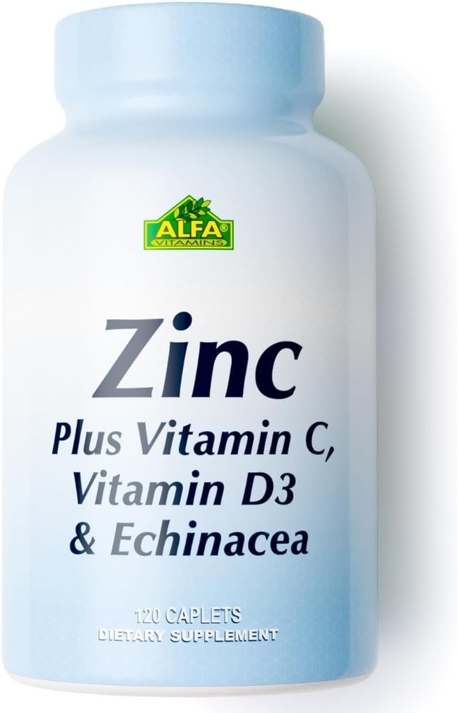 ALFA VITAMINS 아연 + 비타민 C, D3 & Echinacea 보충교재, 강화된 흡수를 가진 면역 지원 공식, 지원 뼈 건강, 면역 기능 및 산화 방지제 보호, 120의 모자를 씌우는