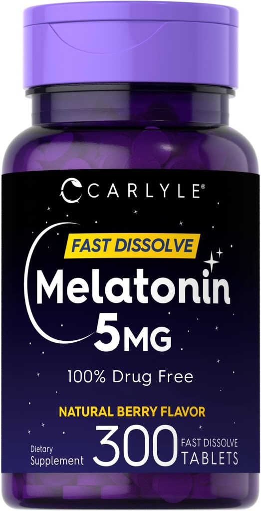Carlyle Melatonin 5 mg 빠른 용해 300 정제 | 베리 맛 | 채식주의, 비 GMO 보충교재