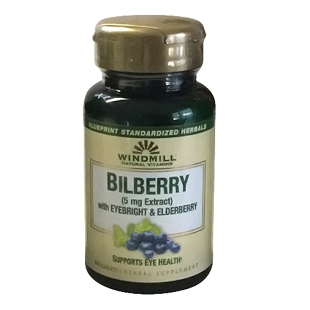 Windmill Bilberry 5 mg Extract Caplets, Eyebright 및 Elderberry 지원 눈 건강, 60 Ea